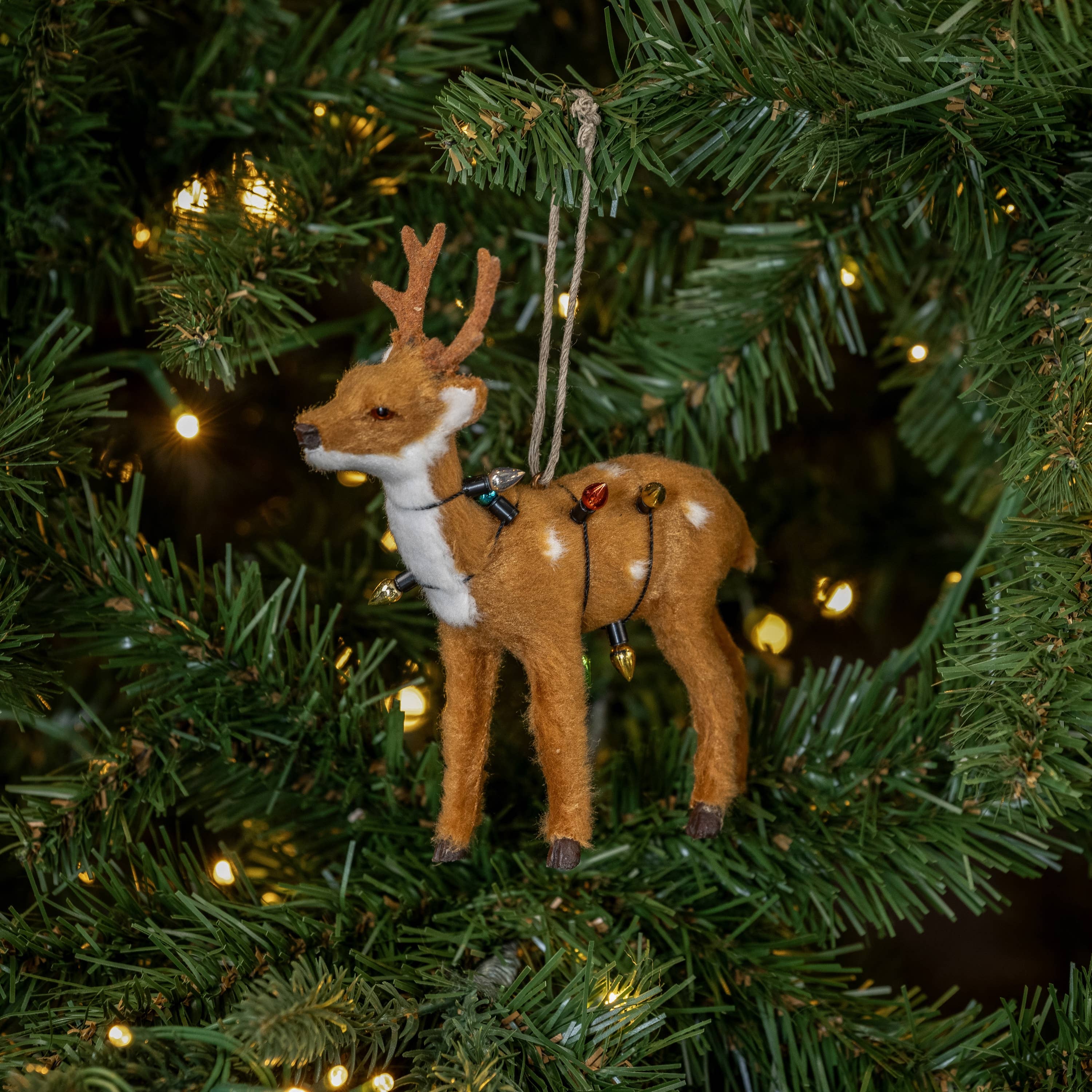 Fur Deer Wrapped in Christmas Lights Ornament